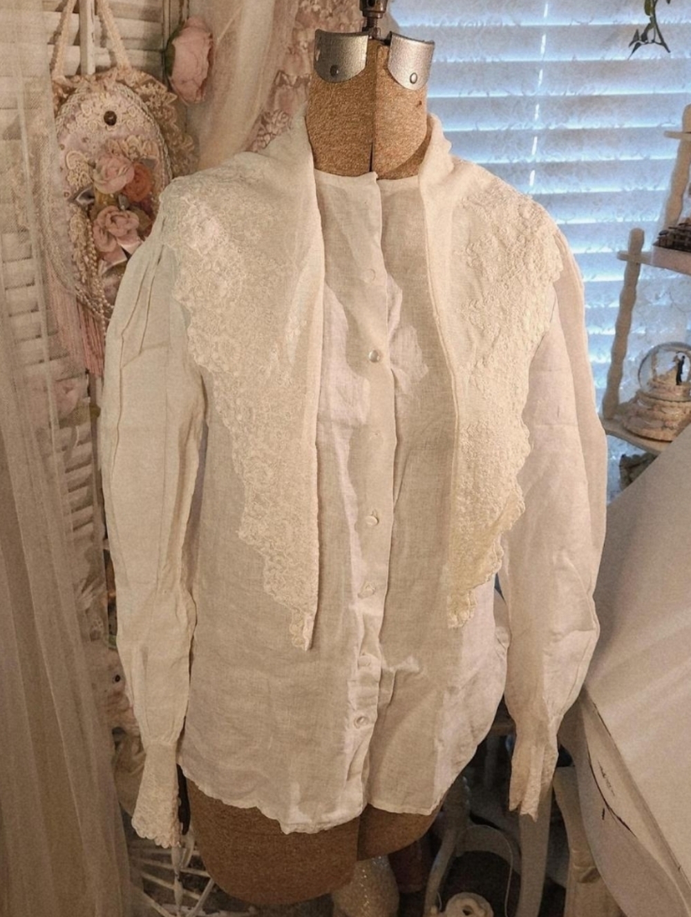 ♡ vintage 80s ralph lauren linen lace tie blouse ♡